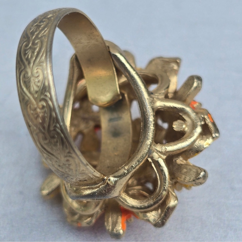 Vintage Enamel Flower Cluster Adjustable Ring Orange Yellow Green Rhinestone - Picture 7 of 10